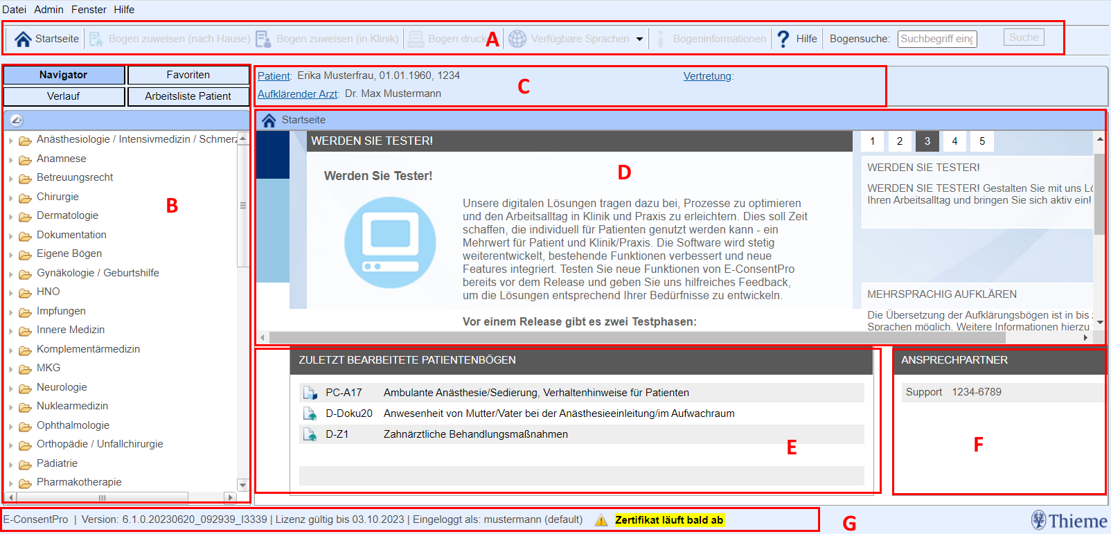 E-ConsentPro-Anwendungsfenster