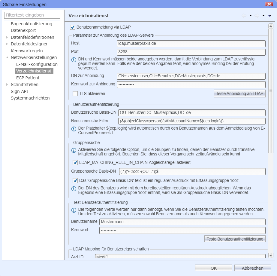 Dialogfenster "Verzeichnisdienst" mit Beispieldaten