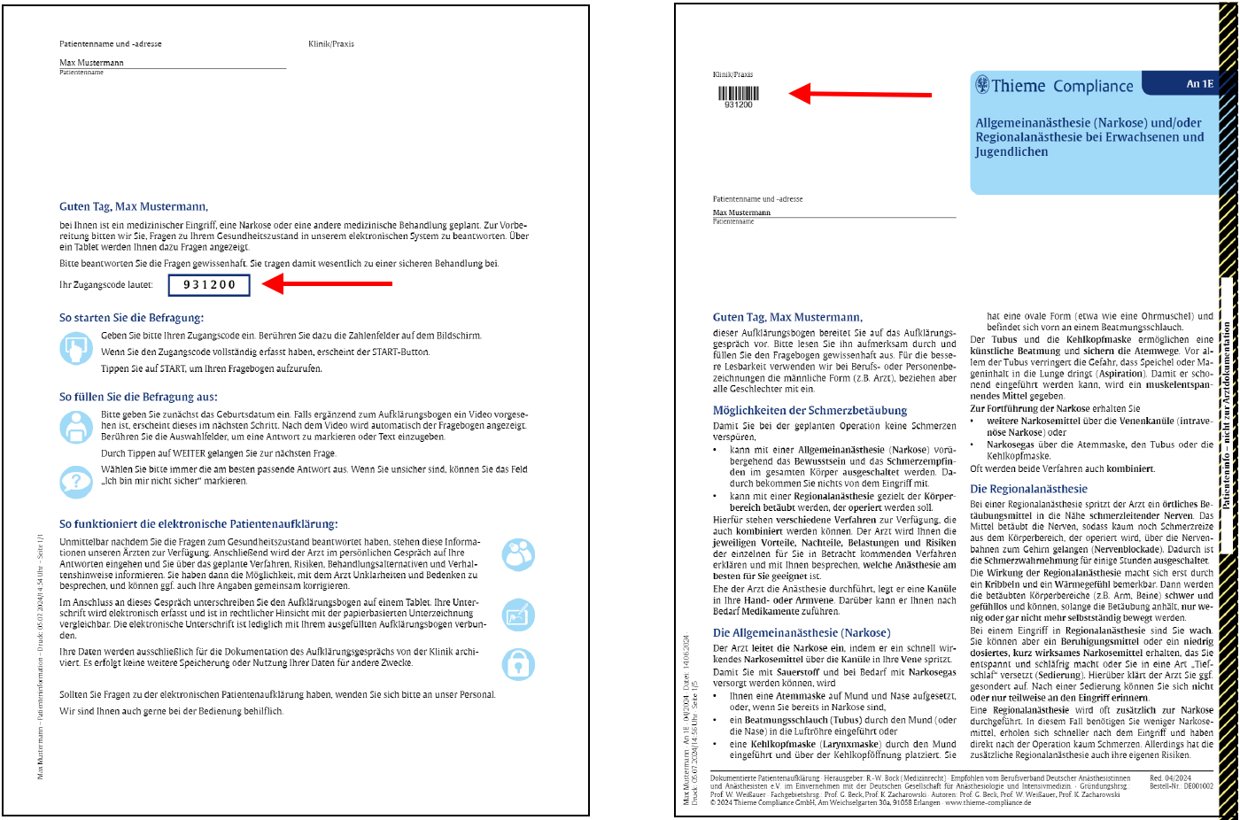 Unterlagen für den Patienten mit Zugangscode